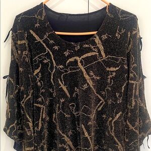 Made in France Black Gold Metallic Sparkly Cold Shoulder Asymmetrical Top Large